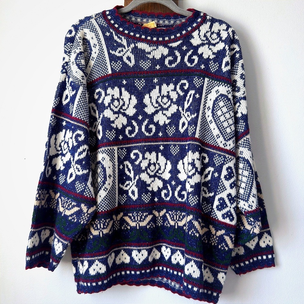 Vintage Holiday Time Floral Fair Isle Knit Granny Sweater Made in USA Layer S/M
